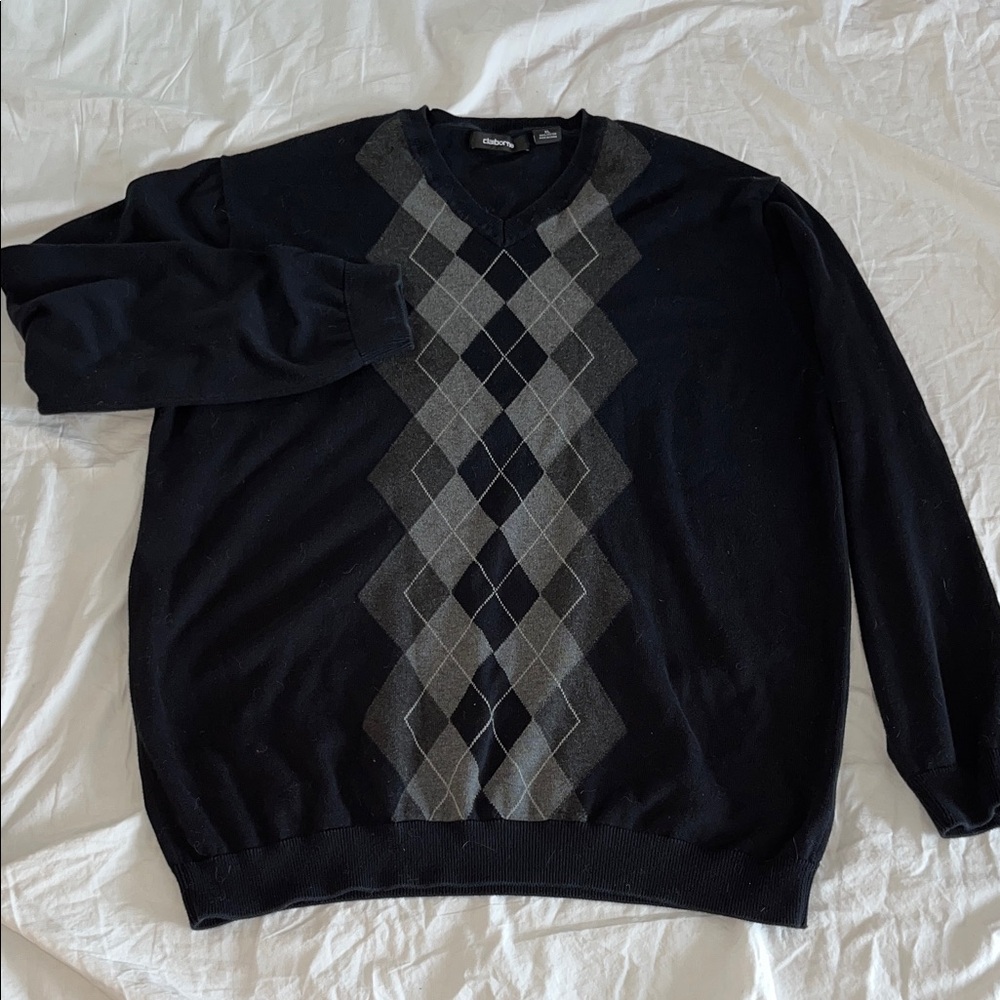 Liz Claiborne Men's Black and Gray Argyle V-Neck Cotton Sweater‎ XL